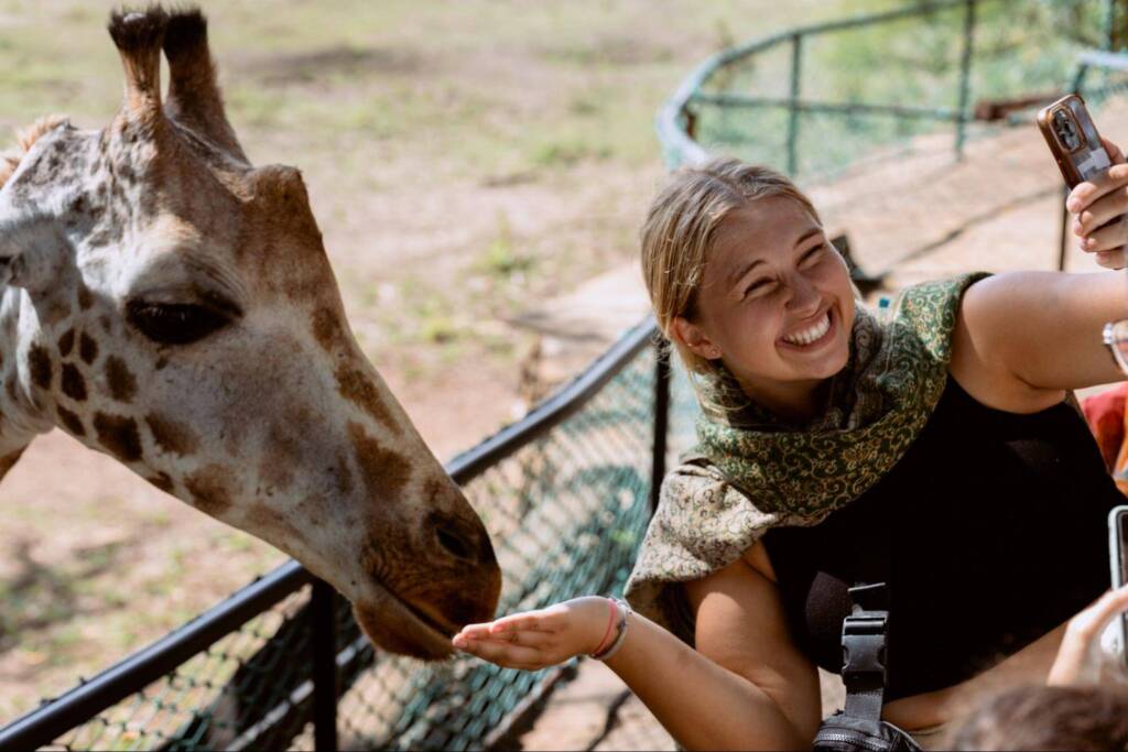 A smiling young woman feeds a giraffe from her hand while taking a selfie.