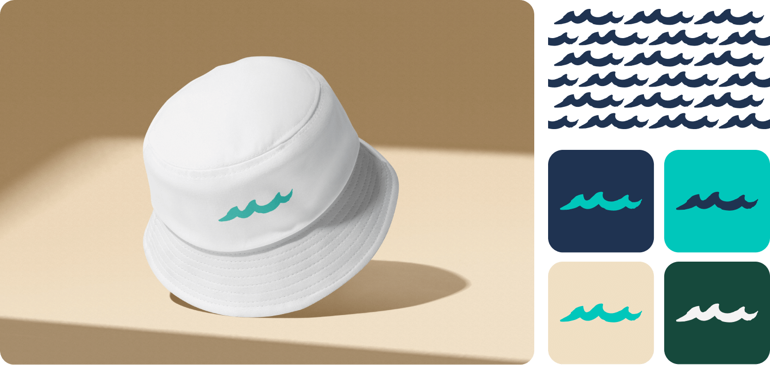 Applications showing use of the wave on a hat and as background elements